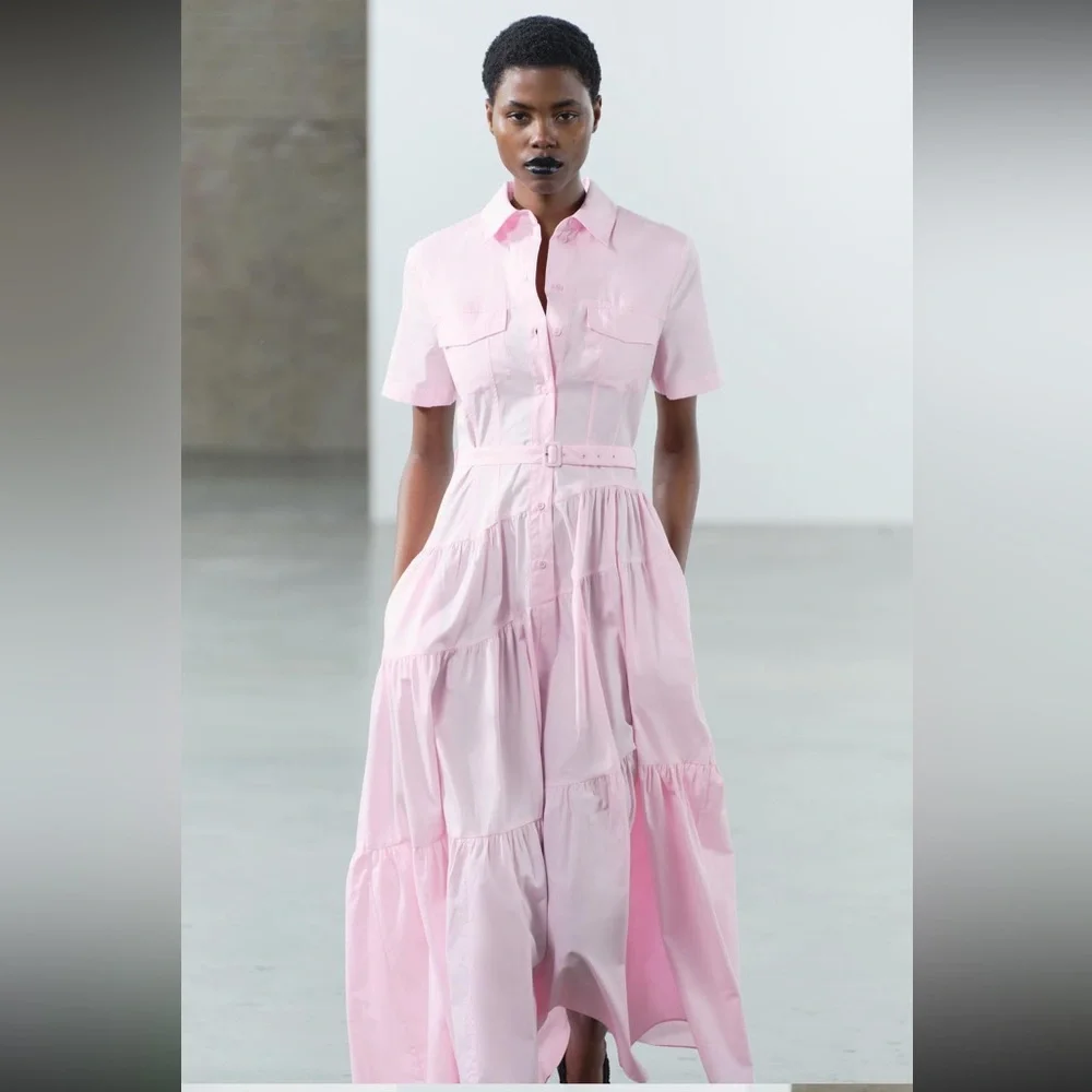 Zara ZW COLLECTION POPLIN SHIRTDRESS, pastel  pink, cotton, tiered